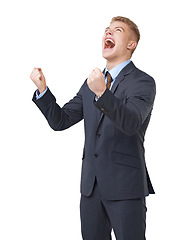 Image showing Scream, frustrated and anger with business man in studio for news, danger and mistake. Failure, stress and problem with corporate male employee shouting on white background for fear and attention