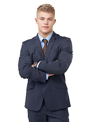 Image showing Young, businessman and portrait with arms crossed or serious in studio for startup, career and confidence. Entrepreneur, person and pride or positive mindset for internship work on white background