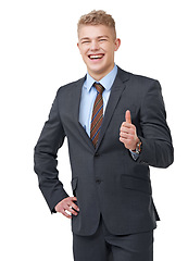 Image showing Thumbs up, portrait and business man laugh in studio for success, winning deal and yes sign on white background. Support, like emoji and excited for achievement, excellence and feedback for agreement