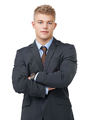 Image showing Young, businessman and portrait with arms crossed or serious in studio for startup, career and confidence. Entrepreneur, person and pride or positive mindset for internship work on white background