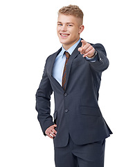 Image showing Portrait, business or happy man pointing to you in studio for choice, recruitment decision or corporate offer on white background. Vote, hiring emoji and HR promotion, winner or invitation to join us
