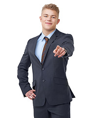 Image showing Portrait, business man and pointing to you in studio for choice, onboarding decision or vote on white background. Recruitment, hiring emoji and smile for HR offer, promotion and invitation to join us