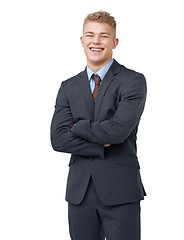 Image showing Young, businessman and portrait with arms crossed or happy in studio for startup, career and confidence. Entrepreneur, person or smile and pride or positive mindset for internship on white background