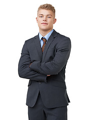 Image showing Young, businessman and portrait with arms crossed or smile in studio for startup, career and confidence. Entrepreneur, person or happy and pride or positive mindset for internship on white background