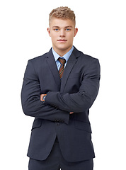 Image showing Young, businessman and portrait with arms crossed or serious in studio for startup, career and confidence. Entrepreneur, person and pride or positive mindset for internship work on white background