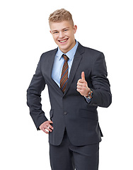 Image showing Thumbs up, portrait and business man in studio for success, winning deal and voting yes on white background. Happy corporate salesman, emoji sign and thank you for feedback, achievement or excellence