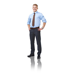 Image showing Professional, smile and portrait of business man in studio for career, financial advisor and corporate. Happy, accountant and employee with male person on white background for fashion and mockup