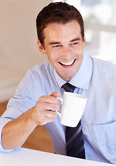 Image showing Coffee cup, happy and business man drink hot chocolate, warm coco liquid or morning wellness beverage. Smile, relax and professional person looking at view with latte, cappuccino or green tea mug