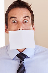 Image showing Business man, blank paper and mouth with mock up space, promotion and shocked face with censorship. Entrepreneur, surprise and professional employee in portrait with sign, marketing or poster on lips