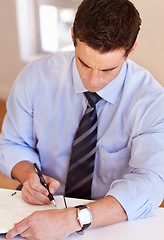 Image showing Businessman at desk with pen, notebook and thinking for market research planning at startup. Office, notes and man writing schedule, agenda or to do list in book at agency with ideas for project.