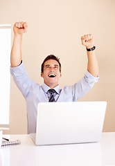 Image showing Business man, celebration and laptop with fist, shout and happy for profit, revenue or success on stock market. Investor, trader and computer for financial freedom, goals and cheers with bonus on web
