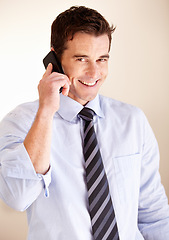 Image showing Phone call, portrait and happy business man consulting, discussion and talking with corporate company contact. Communication, cellphone and professional sales agent negotiation, conversation or chat