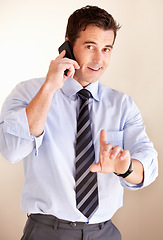 Image showing Phone call, portrait and business man stop, pause or wait gesture for consultation interruption, discussion and talking with contact. Hand sign, cellphone and agent negotiation, conversation or chat