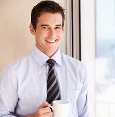 Image showing Coffee cup, portrait and happy business man, lawyer or corporate attorney drink, warm coco liquid or morning beverage. Espresso, relax and advocate with latte, cappuccino or matcha green tea mug