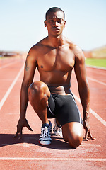 Image showing Man, runner and starting line for sprint, ready and sport or marathon, olympics and race or competition. Black male person, training and exercising or active, practice and face for fitness or workout