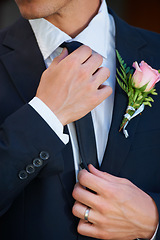Image showing Man, groom and closeup of fashion, formal and elegant suit or stylish for wedding, commitment or care. Male person, zoom and ready for ceremony, marriage and commitment in relationship or event