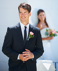 Image showing Man, groom and smile for fashion, wedding and commitment for marriage, positive and elegant. Male person, face and outside couple, love and romance for relationship, husband and ring for event