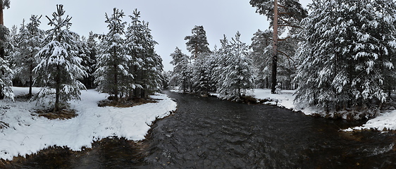 Image showing Amazing Cinematic Aerial View On Freezing River. Aerial View Flight Above Frozen Creek Scenic View Of Nature