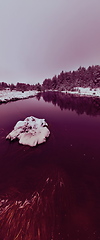 Image showing Amazing Cinematic Aerial View On Freezing River. Aerial View Flight Above Frozen Creek Scenic View Of Nature