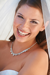 Image showing Portrait, bride and woman with a smile, beauty and wedding day with event, excited and dress. Face, person and girl with happiness, cheerful and jewellery with ceremony, marriage and joy with makeup