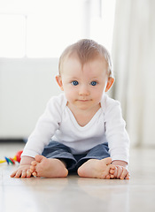 Image showing Home, playing and face of baby on floor to relax, resting and calm in nursery learning to crawl in morning. Family, youth and young infant in bedroom for child development, growth and wellness