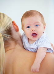 Image showing Family, shoulder and portrait of baby with mother in home for bonding, relationship and love. Happy, bedroom and closeup of parent carrying newborn for child development, growth and care in nursery