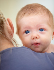 Image showing Family, shoulder and face of baby with mother in home for bonding, loving relationship and affection. Love, bedroom and parent carrying newborn for child development, growth and care in nursery