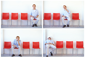 Image showing Boring, interview and man in waiting room for a job and collage with candidate excited, tired and sleeping. Hiring, process and person with fatigue, composite and frustrated by recruitment delay