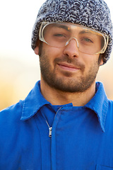 Image showing Man, construction worker and portrait for protection eyewear for building repair, maintenance in industry. Male person, face and glasses or safety gear as handyman contractor on site, outdoor for job