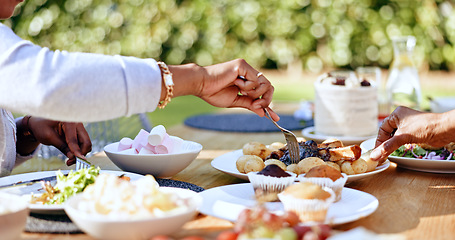 Image showing Hands, food and table for sharing and eating, family together or dinner or social gathering meal at home. Gratitude, love and kindness in bonding on holidays, buffet and for health diet in wellness