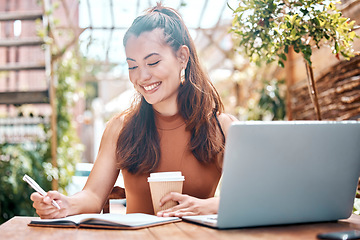 Image showing Happy woman, coffee and notebook for planning in cafe with laptop for email, message or web. Creative, female blogger and smile for future, idea or vision for project, article or social media post