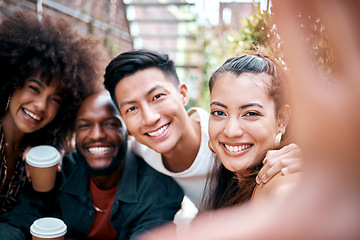 Image showing Friends, portrait and hand for selfie with coffee for social media post, online connection or diveristy. Men, women or face for summer meet up or technology for double date, hot drink at happy outing