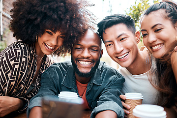 Image showing Friends, diversity and coffee selfie happy for social media post, online connection or cafe visit together. Men, women or student for summer meet up or technology for double date, hot drink at outing