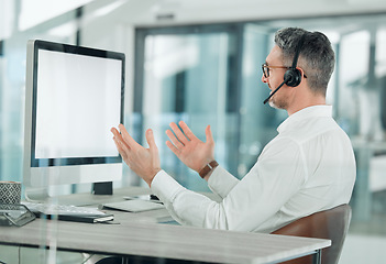 Image showing Call center, man and computer screen with space for consulting, video calling or customer service in office. Mature telemarketing salesman, CRM agent or mockup on desktop for virtual telecom advisory