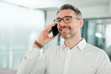 Image showing Mature, businessman and phone call in office for online connection, company growth or conversation. Male person, manager or digital device in corporate workplace for communication, smile in career