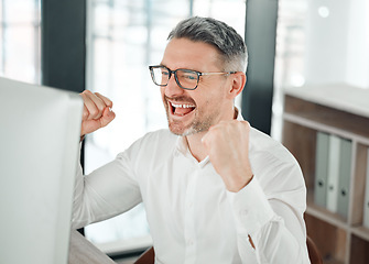 Image showing Business man, computer and celebration for win, promotion and bonus or yes, success and achievement. Businessperson, fist pump and cheers or excited, energy and emoji in office, wow and omg at work