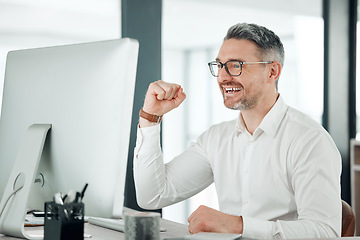 Image showing Businessman, laptop and celebration for win, promotion and bonus or yes, success and achievement. Business person, fist pump and cheers or excited, energy and emoji in office, wow and omg at work