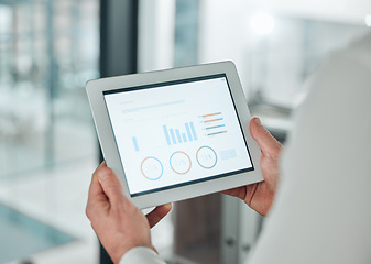 Image showing Tablet screen statistics, hands or business person reading, accounting or review trading graph, stock exchange or data analysis. Feedback stats, economy or trader research crypto investment analytics