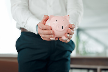 Image showing Hands, businessman and piggy bank for money, saving and finance or budget for wealth increase. Male person and money box for future, investment and cash growth in container, coin and security at job