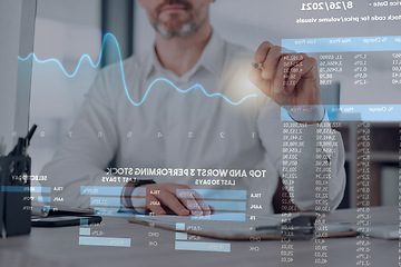 Image showing Overlay statistics, stock market or business man writing, accounting or trading graph, finance exchange stats or data analysis. Corporate broker, investor or trader research crypto investment numbers