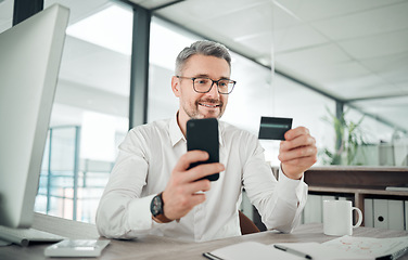 Image showing Businessman, phone and credit card for payment, office and shopping or fintech, investment and internet. Happy male person, finance and saving or plastic, smile and e commerce or online banking