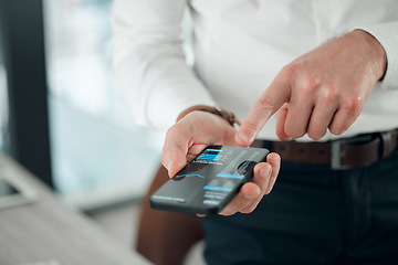 Image showing Phone screen, hands and professional trading person point, typing or scroll for stock market metrics, finance stats or insight. Cellphone, closeup or business broker, investor or trader research data