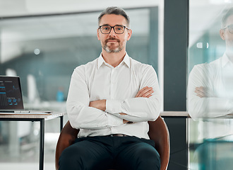 Image showing Crossed arms, serious and portrait of businessman in the office with confidence and leadership. Professional, handsome and mature male financial accountant from Australia in modern workplace.