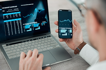 Image showing Laptop, smartphone and screen for stock market, businessman and finance or shares, broker and tech. Investment, trading and internet for update, check and mobile app for cryptocurrency growth