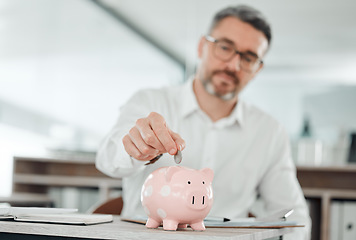 Image showing Business man, coin and piggy bank for deposit and saving for finance, investment and security. Change, money box and cash growth, container and profit for retirement, banking and safety in future