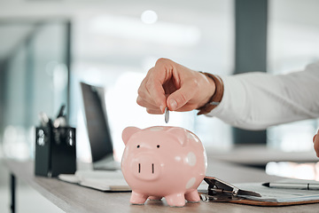 Image showing Hand, businessman and coin in piggy bank, deposit and saving for finance, investment and security. Change, money box and cash growth, container and profit for retirement, banking and safety in future