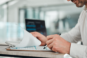 Image showing Budget, planning and hands of businessman with finance, audit and accounting in office with laptop or pen. Accountant, check or balance investment paper, document or tax report on desk in clipboard