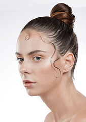 Image showing Profile, woman and face for beauty in studio with skincare mockup for wellness, health or shine on white background. Female model, hair and edges with hyaluronic acid, collagen or vitamin c for glow
