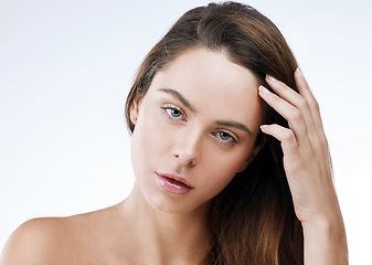 Image showing Hair care, woman or portrait and beauty in studio with mock up, collagen treatment or brazilian for shine. Person, face or cosmetics and dermatology, keratin or natural on white background and pride