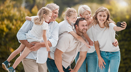 Image showing Selfie of big family in park together with smile, grandparents and parents with kids in backyard. Photography, happiness and men, women and children in garden with love, support and outdoor bonding.
